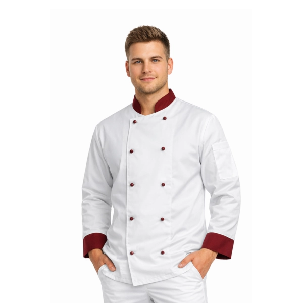 Bluza kucharska biała długi rękaw wstawki bordowe roz.XXL – bluza kucharska – odzież gastronomiczna